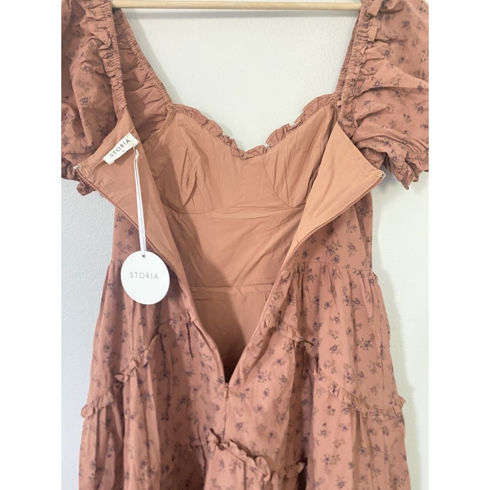 NEW Storia Floral Brown Ruffle Midi Dress Women Sz M 100% Cotton Cottagecore - Picture 9 of 15
